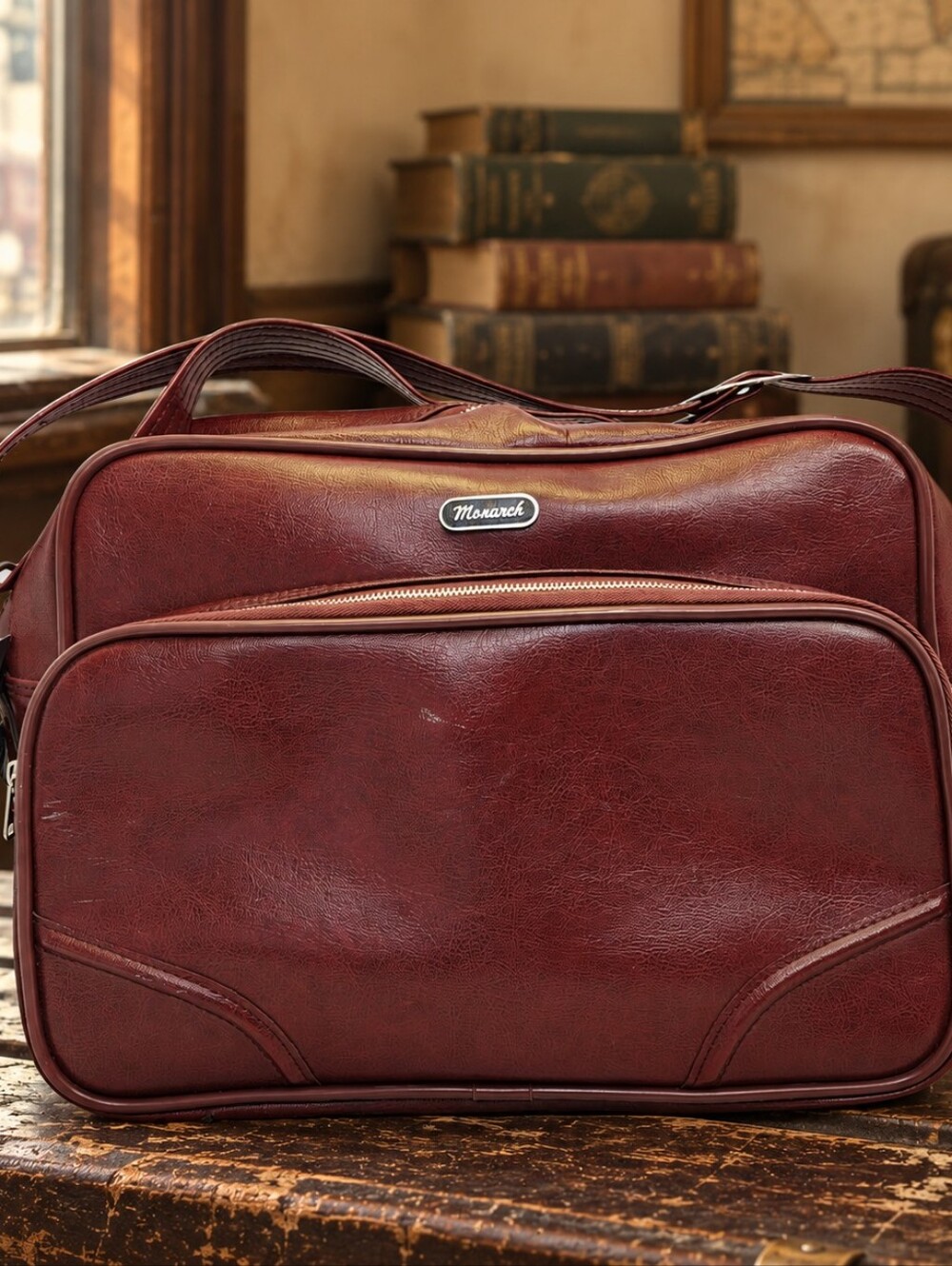 Vintage Monarch Thrashed Burgundy Carry On Shoulder Travel Bag